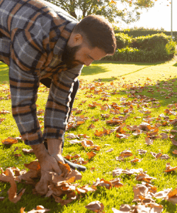 Un homme ramassant des feuilles mortes dans un jardin, symbolisant la gestion des débris végétaux comme méthode préventive contre les iules.