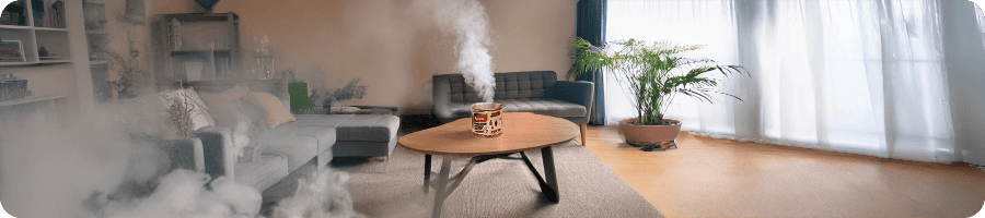 Un fumigène Dobol en action dans une pièce d'habitation, diffusant un brouillard insecticide pour le traitement.