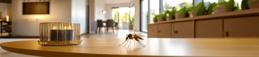 Gros plan d'un moustique sur une table en bois dans un intérieur, illustrant le problème des nuisibles volants dans les espaces professionnels.