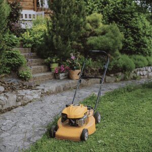 Tondeuse sur une pelouse bien entretenue, un moyen de prévention contre les taupes.